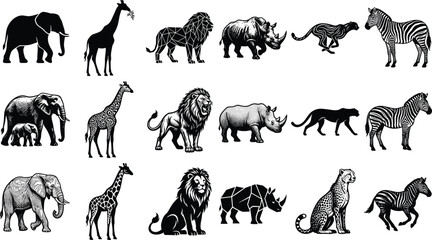 African Safari Wildlife Animal Collection Featuring Elephant Giraffe Lion Rhino Zebra and Big Cat Vector Illustrations © MstRumana