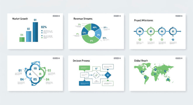 Set of infographic slides featuring charts graphs and data visuals for business presentations.
