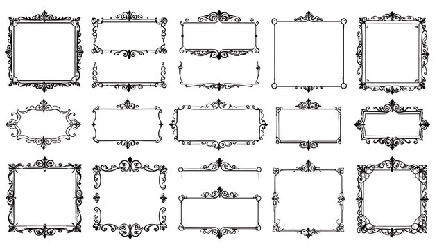 Collection of ornate black decorative frames and borders with floral elements, isolated on white background