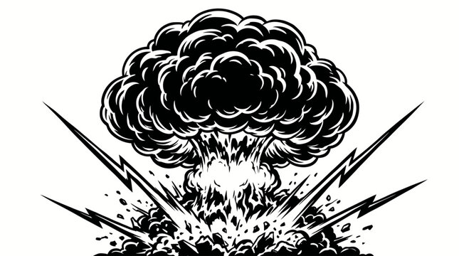 Explosion, blast, detonation, black and white vector graphic