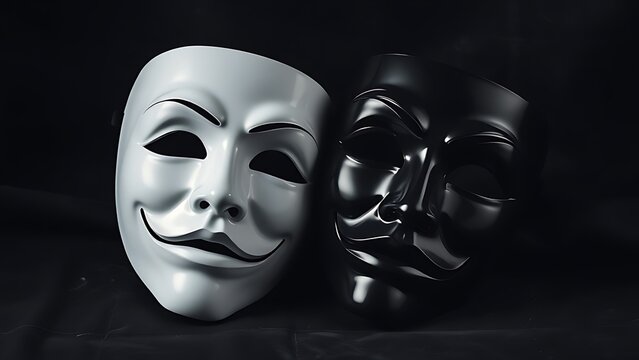 A white comedy mask and a black tragedy mask side-by-side on a dark, textured surface.