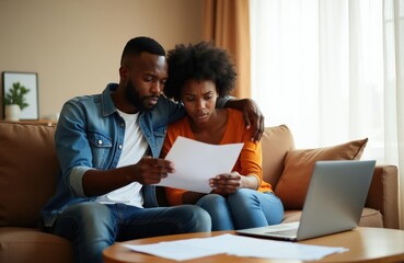 Fototapeta premium Young Black couple sits on couch looking worried at bills and laptop. Man puts arm around woman, both concerned about finances. They review paperwork together at home.
