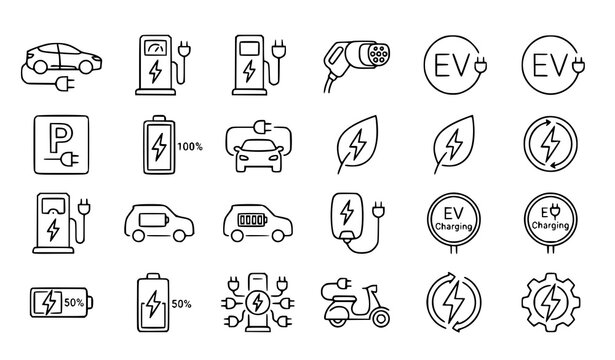 Car charging station linear icon set electric vehicle charging symbols vector