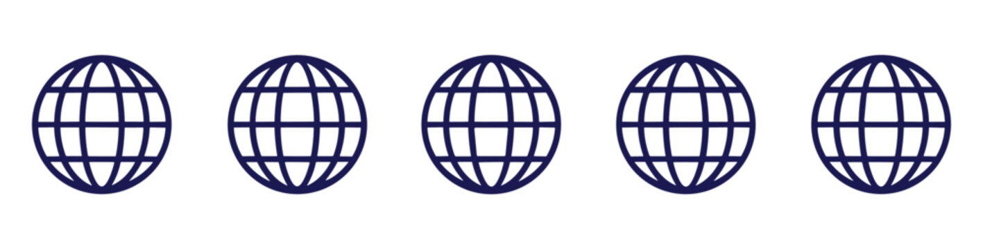 Five Globes Graphic: A simple and clean graphic representation of five globes in a row, symbolizing global reach or connections. internet, network, connection, world, global, communication.