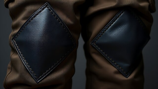 Close-up detail of dark diamond-shaped leather patches on work pants.