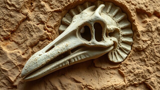 Pteranodon skull fossil embedded in textured stone.