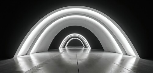 Fototapeta premium Empty futuristic tunnel with glowing archways and concrete floor. Modern interior pathway with bright white lights leading into darkness. Abstract space architecture design.