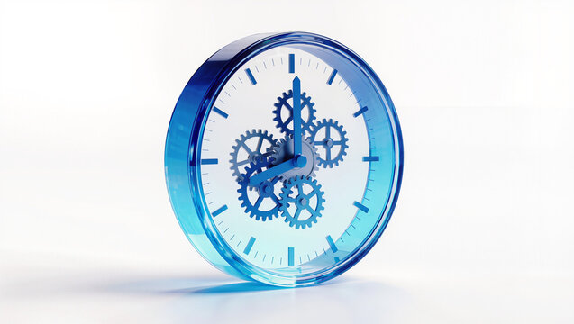 Premium 3D translucent blue glass clock with internal gear mechanism on white background, time management productivity efficiency business concept, editorial B2B business icon with copy space