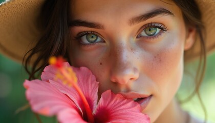 Naklejka premium Woman with green eyes and hibiscus flower near face. Natural beauty, clean skin, soft lighting. Straw hat adds summer feel. Minimal editorial portrait.