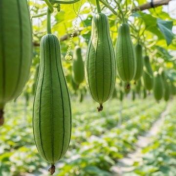 Green luffa gourds hanging vines