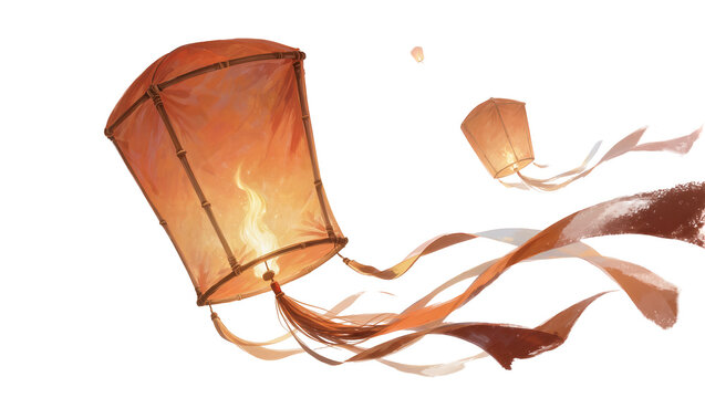 Orange paper sky lanterns with flame and ribbons, isolated on transparent background