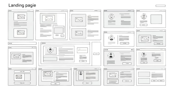 Collection of website landing page wireframe layout templates for interface design.