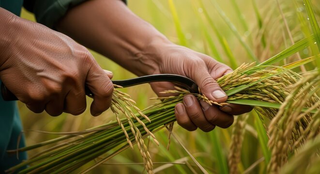 Close-up of farmers hands harvesting ripe rice stalks with shears in a golden field.
