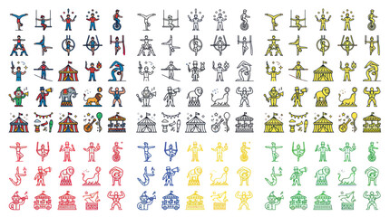 Circus Icons Set: Performers, Animals, Tents & Equiptment - Vector Graphics © wati