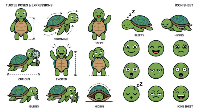 Cute Turtle Poses and Expressions Icon Sheet - Cartoon Style