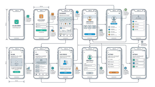 Mobile App Wireframe Flowchart: UI UX Design, User Journey Mapping