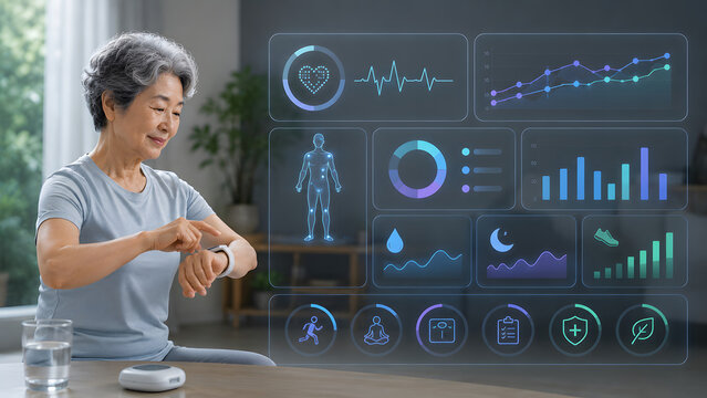AI 시니어 헬스케어,미래형 헬스케어 대시보드를 확인하는 시니어

Generating AI