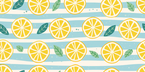 Lemon and mint leaf pattern a bright summery vector illustration © Hridoy