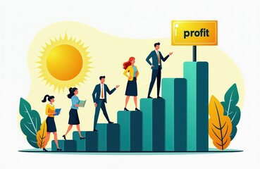 Fototapeta premium Business people climb rising graph stpic toward profit sign. Teamwork achieves financial growth success. Colleagues advance upward career, business development goal. Sun shines on bright future.