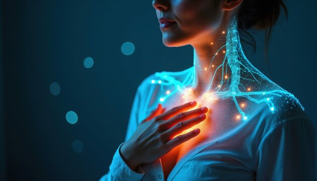 Woman touches chest with glowing neural pathways on neck and shoulders. Visualizes body mind connection stress response regulation for somatic wellness. Represents health and energy.