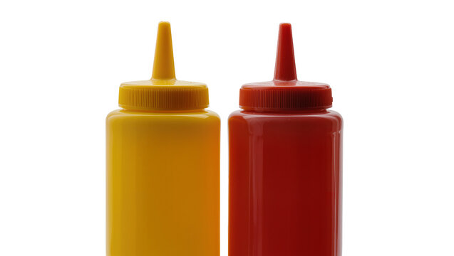 Yellow mustard bottle and red ketchup bottle, isolated on transparent background