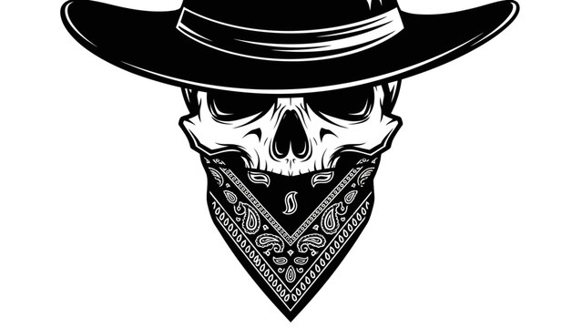 Black and White Cowboy Skull with Paisley Bandana Illustration