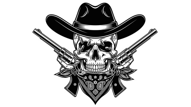Outlaw Cowboy Skull with Revolvers and Bandana Graphic