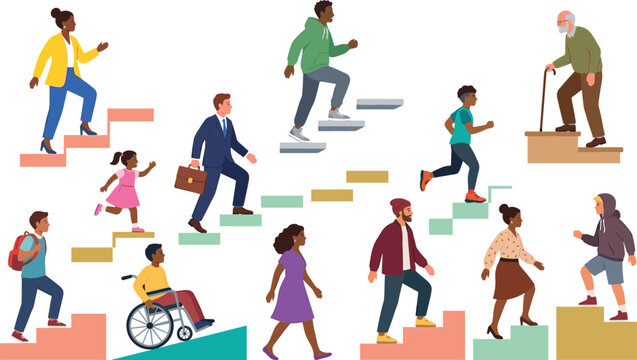 Diverse people using stairs and ramps vector illustration featuring accessibility, social inclusion, mobility support and equal opportunity concepts