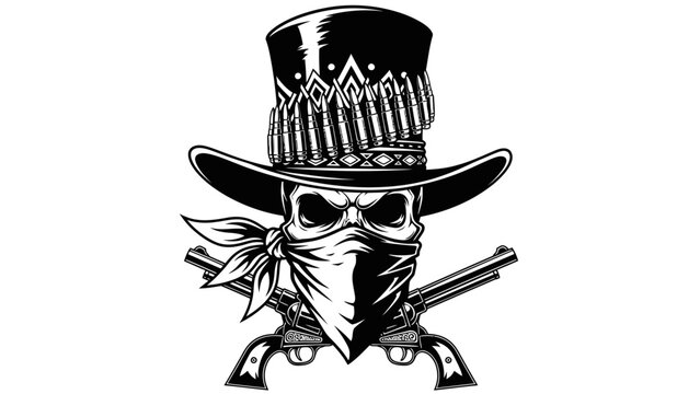 Outlaw Skull with Cowboy Hat and Revolvers Vector Illustration