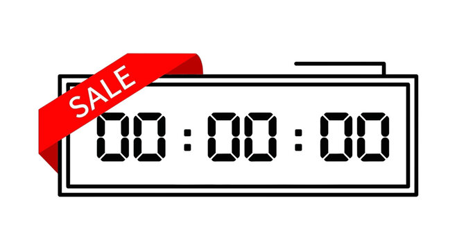 Digital Clock Countdown Timer with Red Sale Ribbon Banner, Time Sale Concept