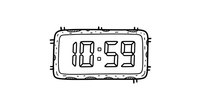 Digital clock showing 10:59, hand-drawn sketch, time concept