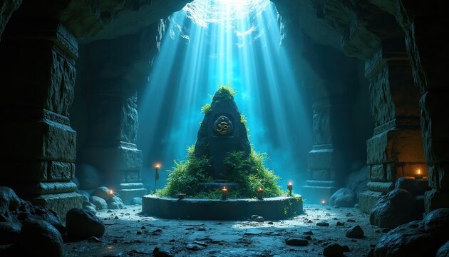 Cave interior features ancient stone pillars and a central altar. A moss covered Shiva lingam with Om symbol, illuminated by light beams from above. Candles flicker casting soft shadows.