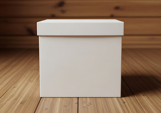Blank white square product packaging box on wooden background with cardboard container packaging template background presentation marketing shipping delivery