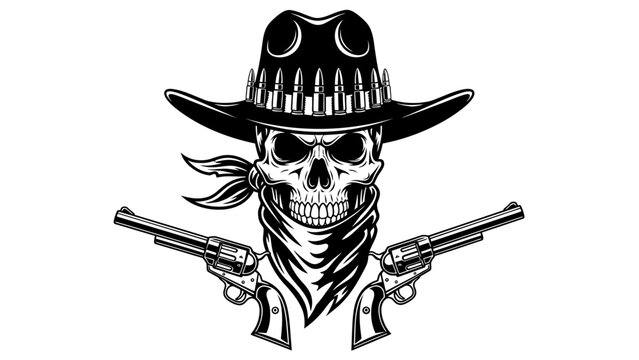 Outlaw Cowboy Skull with Revolvers and Bandana
