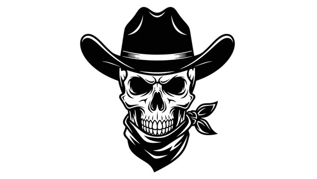 Black and White Cowboy Skull with Bandana Vector Illustration