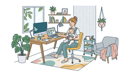 Fototapeta premium Mom Working From Home with Baby in Carrier, Modern Office Setup