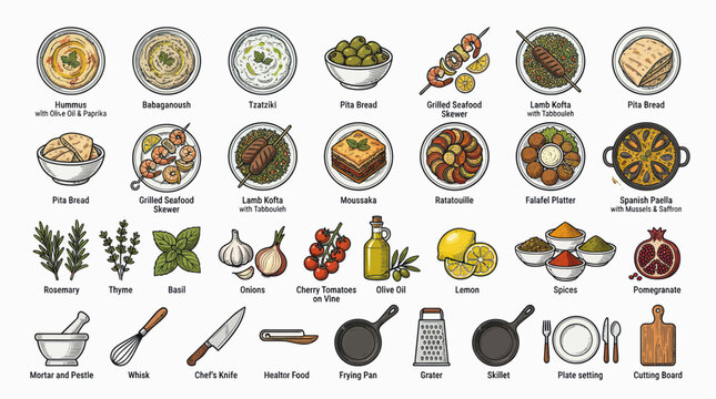Middle Eastern Food and Ingredients Collection - Hand-Drawn Style