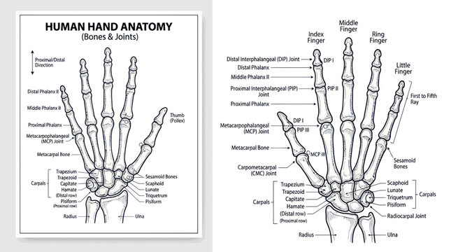 Human Hand Anatomy: Bones and Joints Diagram, Medical Illustration