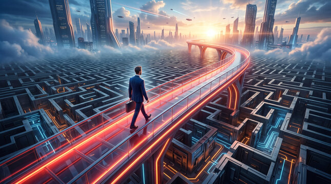 Businessman walking on a shortcut bridge over a complex maze