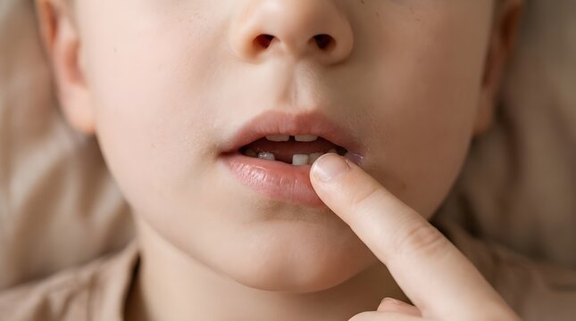 Young boy touches his mouth while showing the gap from a newly lost baby tooth today