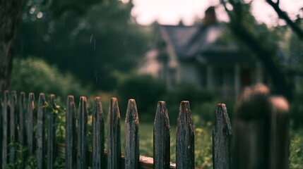 Obraz premium Serene cottage view gentle rain evokes cozy rural life peaceful landscape photography