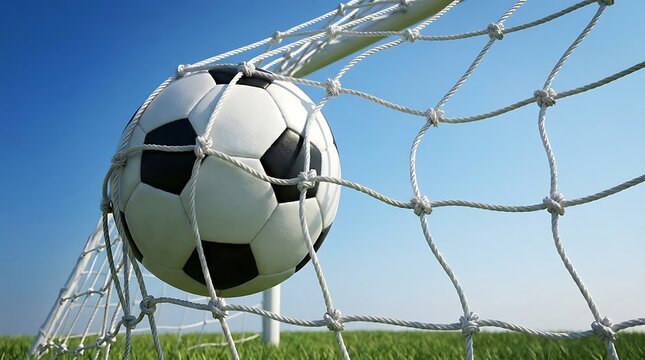 Soccer ball hitting the back of the net after a goal with hexagonal daylight competitive training