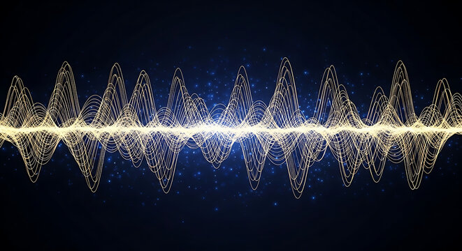 Golden sound wave audio frequency waveform glowing on dark background with frequency waveform technology visualization abstract soundwave electronics communication electronic particle