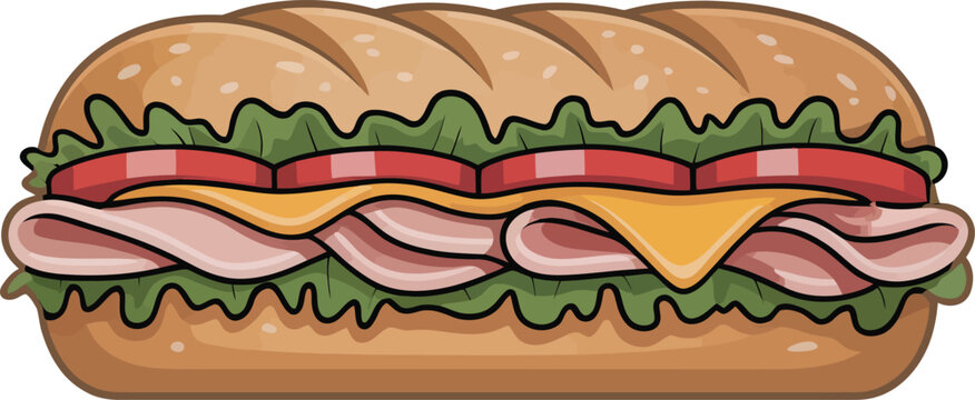 Fresh sub sandwich with ham cheese and vegetables vector illustration, long baguette sandwich cartoon icon isolated on white background, healthy deli meal design element