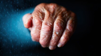 Naklejka premium An expressive close-up of an elderly hand clenched in a fist, showcasing the tactile beauty of skin texture with water droplets, exuding strength and wisdom through aging.