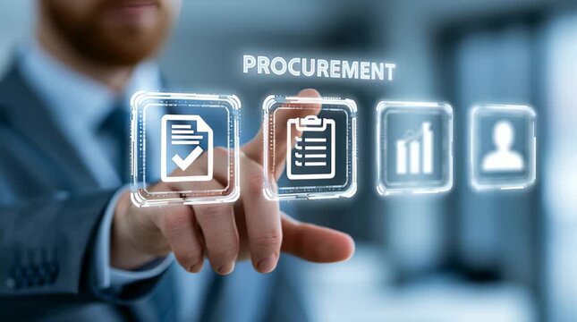 Business person interacts with procurement digital interface in office setting during day
