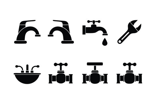 Collection of black plumbing faucets, sink, valves, and wrench water drop