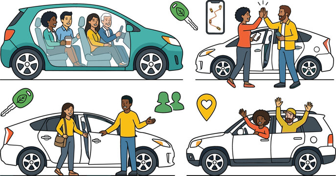 Car sharing and ride hailing service vector illustration featuring passengers, drivers, mobile app booking and urban transportation concept