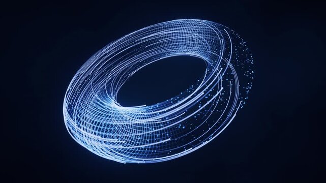 Dynamic futuristic torus shape made of glowing blue lines and particles swirling in dark space.