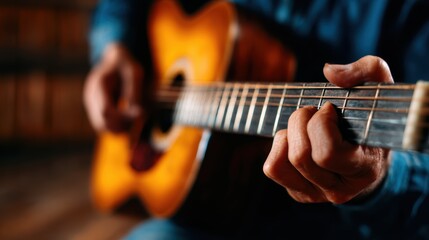 Obraz premium A close-up view of a person's hand skillfully playing an acoustic guitar, conveying the emotional depth and creativity associated with music and artistic expression.